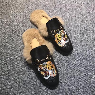 Famous velvet Prince town Muller woman leather rabbit fur slippers women wool loafers slipper lady mules casual shoes with box Many Colors