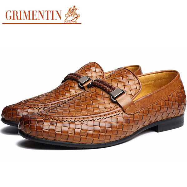 GRIMENTIN Hot sale Italian fashion designer mens dress shoes loafers genuine leather braided comfortable Slip-On formal Large size men shoes