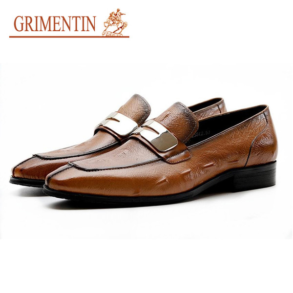 Grimentin Mens Dress Shoes Hot Sale Italian Fashion Slip-On Black Brown Men Loafers Genuine Leather Formal Business Wedding Mens Shoes YJ