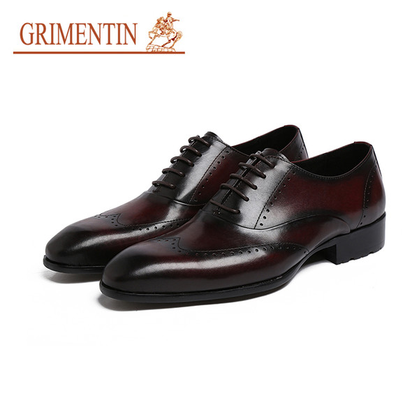 GRIMENTIN Brand high top vintage Men Dress Shoes Genuine Leather Wingtip Lace-up Wedding business office male shoes men