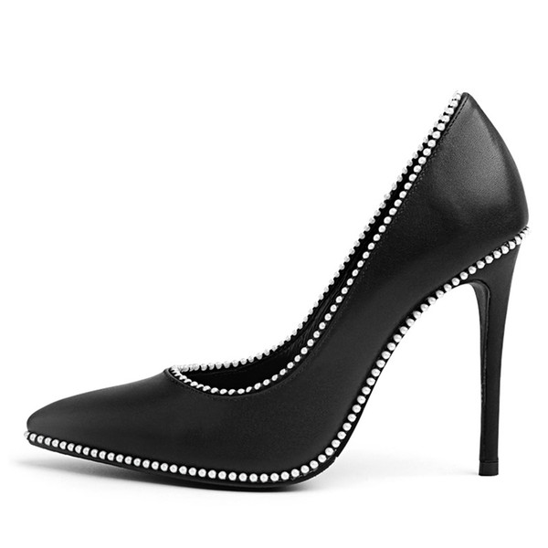 Fashion Luxurious Pearls Black Women Cowhide Leather Wedding Shoes Size 10 CM High Heels Dress Shoes Party Prom Women Shoes 