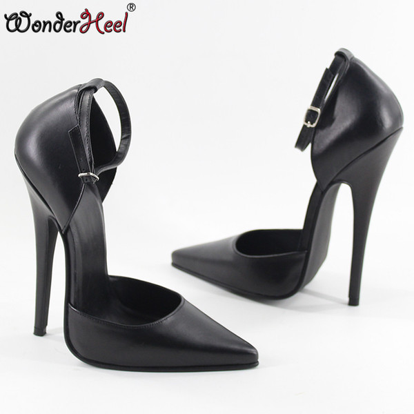 Wonderheel New matte real leather extreme high heel 16cm stiletto heel ankle straps ultra pointed toe women fashion sexy pumps