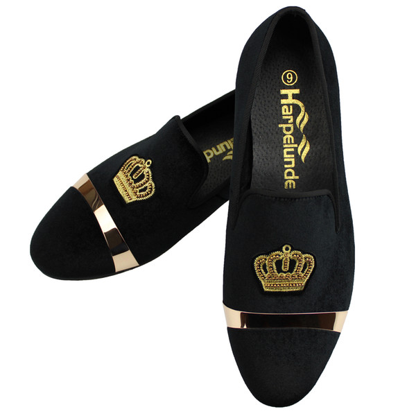 Harpelunde Crown Bullion Men Classic Wedding Shoes Black Velvet Dress Loafers With Gold Plate Size 6 to 14