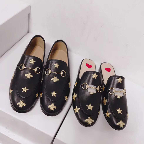 Bee slippers 2019 New Fashion Designer Deluxe Brand Women's Shoes Embroidery Authentic cowhide flat shoes men women Flat-heeled boat shoes