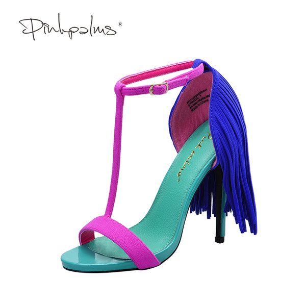 Pink Palms 2017 women summer shoes fringe high heel fuchsia color T ankle strap dress party OL sexy sandals