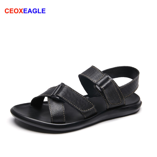 Brand Fashion Men Black Genuine Leather Sandals Man Summer Outdoor Breathable Shoe Roman Beach Open Toe Sandals Big Sizes 38-45#