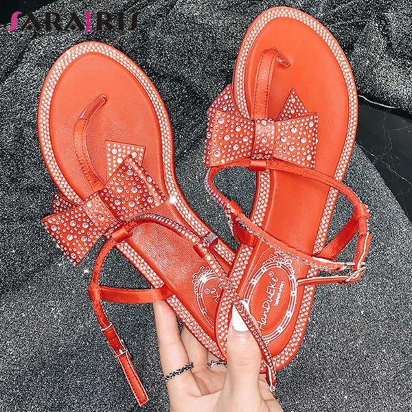 SARAIRIS Round Toe Butterfly Knot Bling Office Holiday Sandals Women Rhinestone Sandals Ladies Casual Shoes