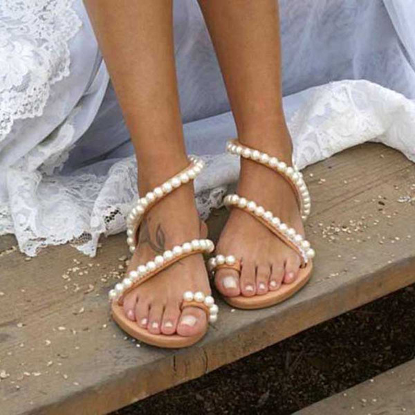 SHUJIN Women Sandals Summer Shoes Flat Pearl Sandals Comfortable String Bead Slippers Women Casual sandalias mujer 