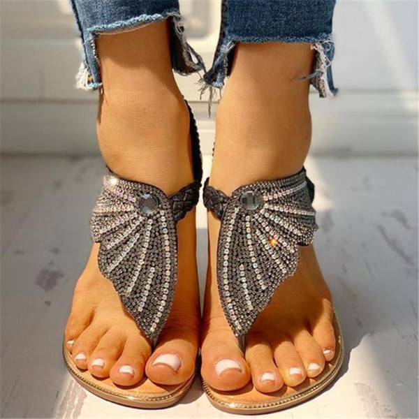 Summer Women Shoes Bling Ladies Sandals Flat Crystal Butterfly Flip Flops Elastic Band Sandals Casual Flat Shoes Women Summer