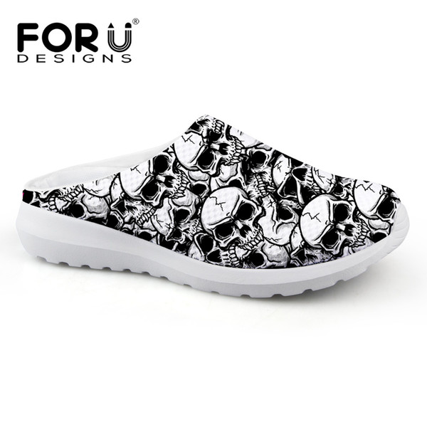 FORUDESIGNS Fashion Mens Sandals Summer Mesh Slip-on Slippers Cool Black Skull Printed Male Breathable Beach Water Non-Slip Shoe