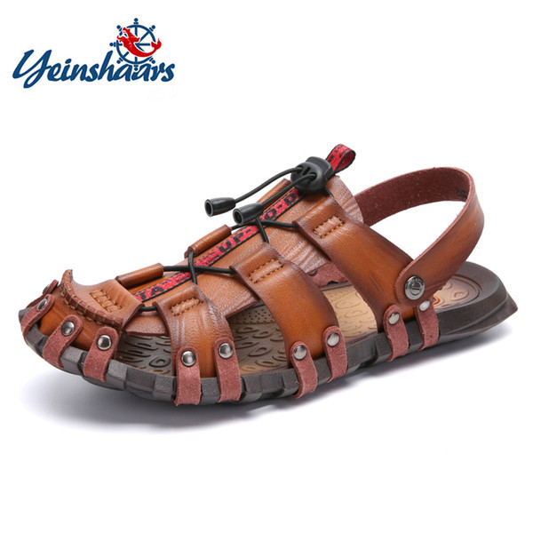 YEINSHAARS New Summer Men Sandals Breathable Leather Men Beach Sandals Brand Casual Shoes Comfortable Slip-on Casual