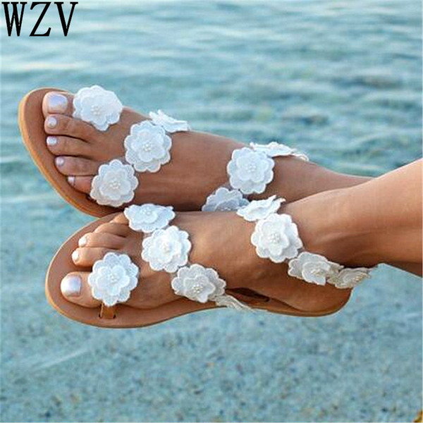 Plus Size Gladiator Sandalias Women Sandals 2019 New Summer Shoes Woman White Flower Flat Sandals Mujer Slip on Beach