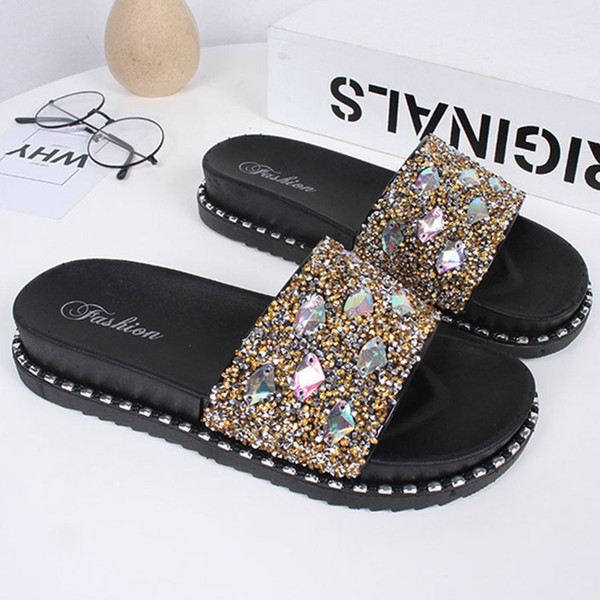 Women Beach Flip Flops Slippers Flat Women Causal Shoes Woman Gold Slipper Slides Crystal Bling Sandals Female Brand Slippers