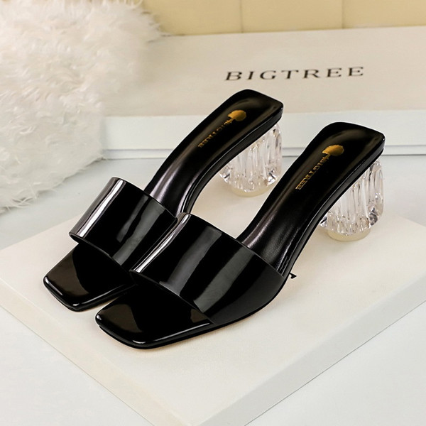 Hot Sale-Summer women high heels slippers sexy transparent block heel sandals open toe ladies slides square toe shoes black red yellow