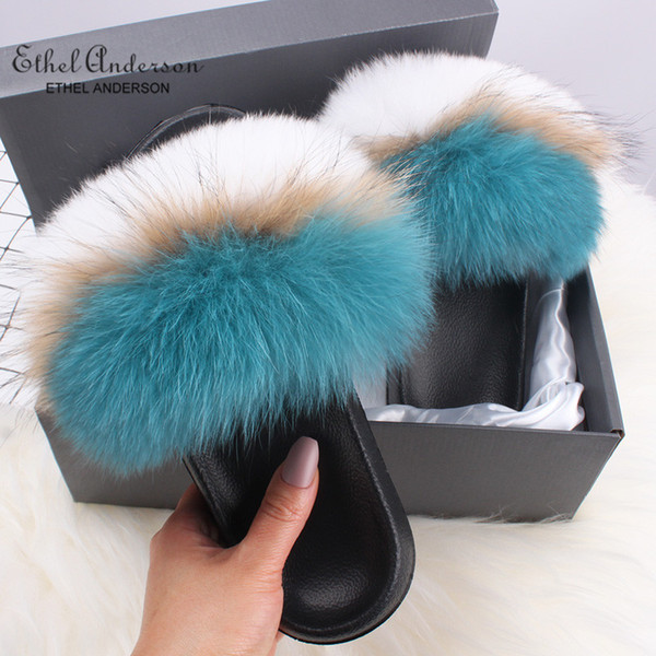 Ethel Anderson Genuine Hair Slippers Lady Flip Flop Slides Summer Beach Fur Slides Sandals Plus Shoes Woman