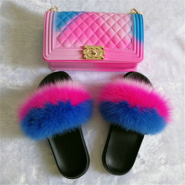 Winter Real Fur Slippers Women Shoes Rainbow Jelly bags Indoor Flip Flops Cute Fluffy Slides Furry Shoes Travel Party Set