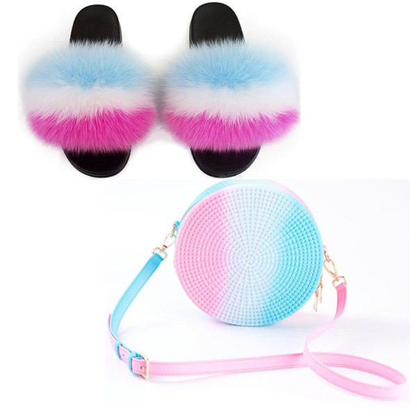 Women's Furry Fur Slippers Travel Fluffy Plush Fur Slides Rainbow Slippers Set Jelly Purse Bags Match Sets