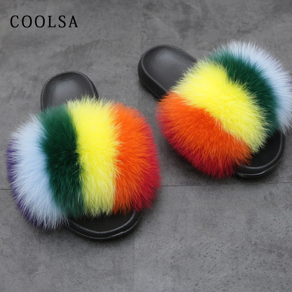 Fashion Mixed Colors Slippers Women Rainbow Shoes Fur Slides Fluffy Soft House Slippers Female Cute Fuzzy Fur Flip Flops