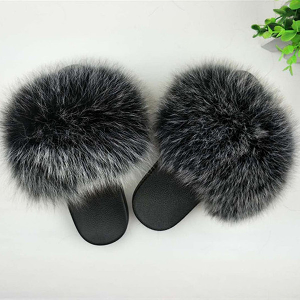 Real Fur Slippers Women Fox Home Fluffy Sliders With Feathers Furry Summer Outdoor Flats Sweet Ladies Candy Color Shoes Size 45