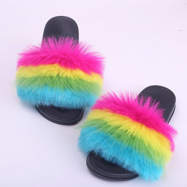 Autumn Women Furry Flat Slippers Fashion Open Toe Feamle Shoes Plush Slippers Warm Fashion Color Cross Shoes Ladies Footwear New