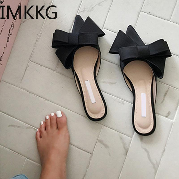 spring summer women's shoes Korean silk satin Pointed bow tie slippers Baotou flat heel sets semi slippers S80032