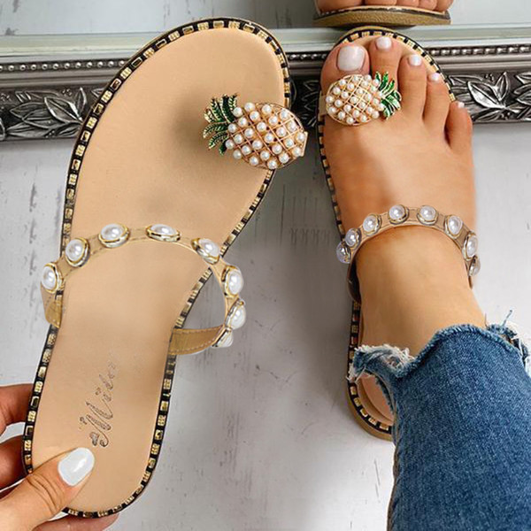 Women Flip Flop Slippers Girls Pearl Flat Bohemian Style Casual Sandals Slippers Beach Shoes Summer Beach Shoes Fashion Flats