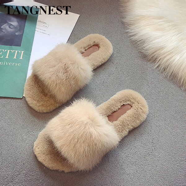 Tangnest NEW Faux Fur Women's Slippers Comfortable Outdoor Slides Shoes Candy Color Casual Beach Shoes Slippers Size 41 XWT1473