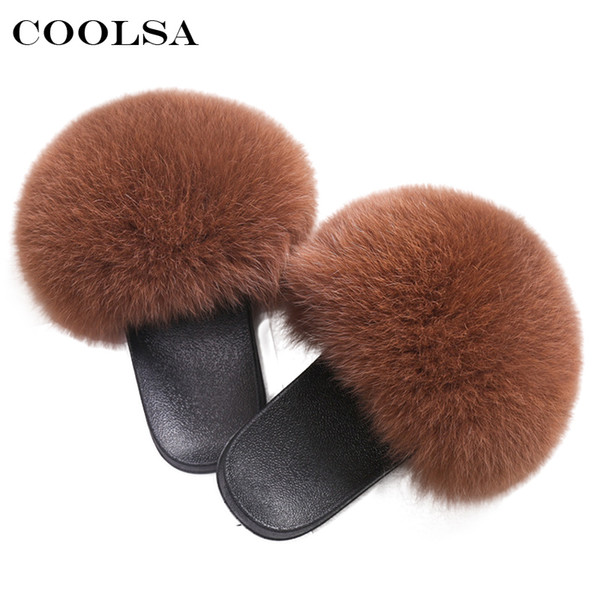 Coolsa Luxury Women Real Fur Sandals Hair Fur Slides Rubber Flat Non-slip Casual Home Slipper Soft Lady Large Size Shoes