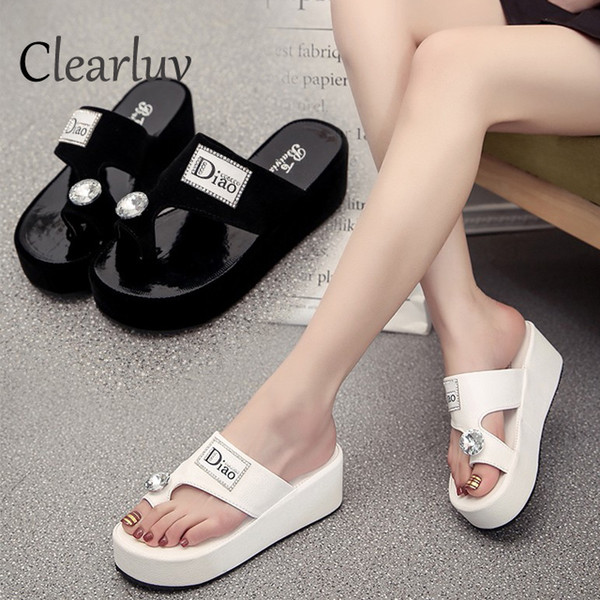 New Summer Women's Slippers Rhinestone Flash Women's Shoes Bohemian Non-slip Wedges Toe Flip Slippers Sapato feminino