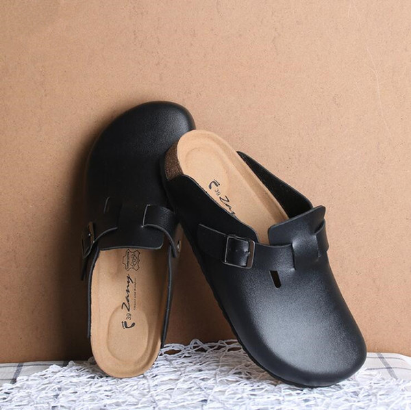 Men Cork Slippers 2018 New Summer Beach Casual Women Solid Buckle PU Leather Clogs Slides Slip on Shoe Plus Size 2 Colors Free shipping