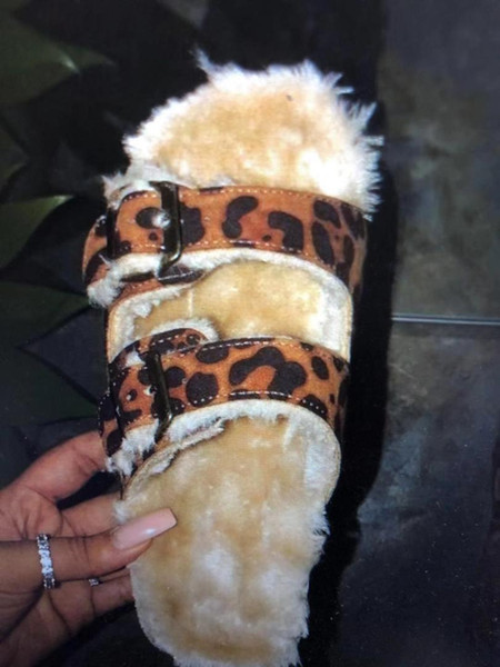 Winter New Home Women Warm Plush Leather Flip Flop Leopard Fur Slippers Sandals Women's Shoes Wild Fashion Slippers For Women