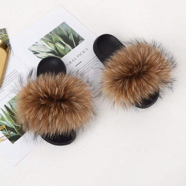 RASS PLE 2019 Real Fox Fur Slippers Slides Shoes Furry Fuffly Slipper Flip Flops Sandals Sliders Drag Sandal Summer Shoes Women