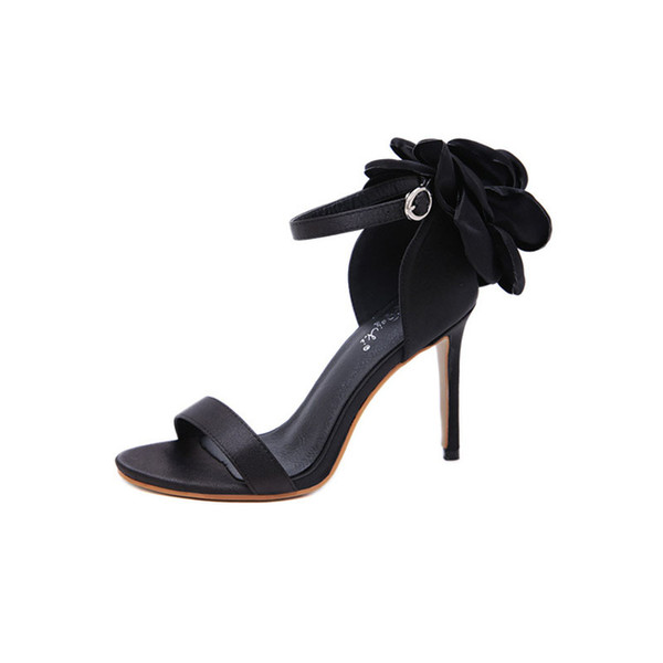 Summer new large flower sandals for women 2019 one button buckle high heel satin black high heels shoes woman .LX-084