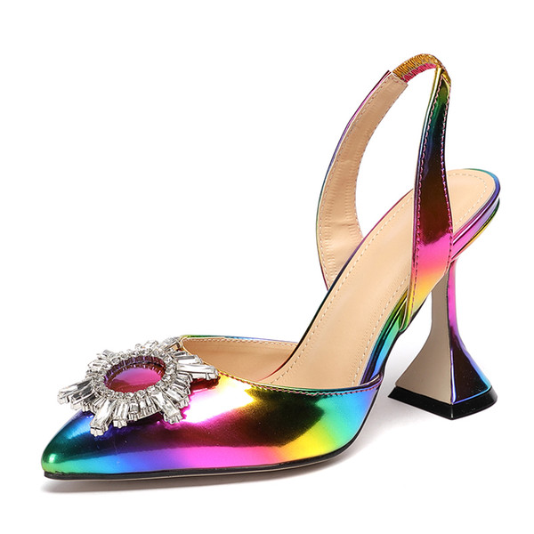 2020 shoes fashion rainbow color woman pumps Sexy Diamond Crystal sun flower pointed toe High Heel Sandals Dress Shoes . LX-005