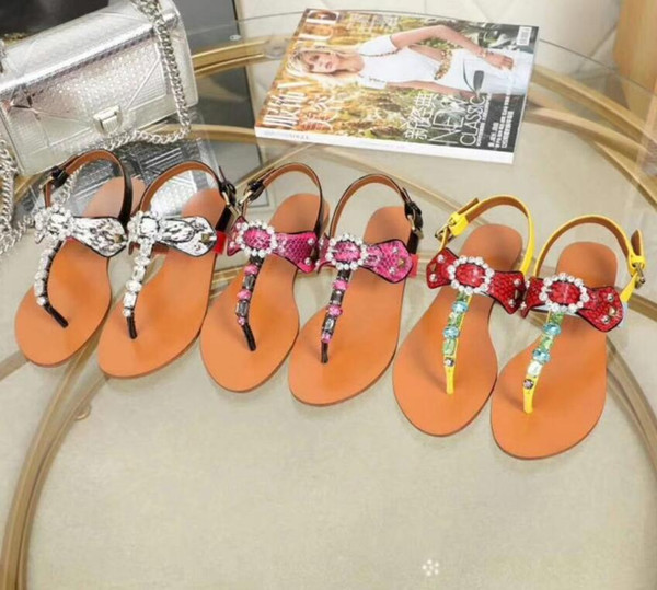 Fashion Women Sandals Serpentine Leather Upper Cow Leather Lining Buckle Strap Flat Heel Diamond Size 35-40