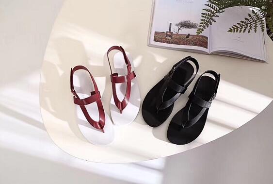 2019 Summer Cow Leather Thong Sandals Buckle Strap Women Gear Bottom Flat Heel Sole Shoes Size EU35-40