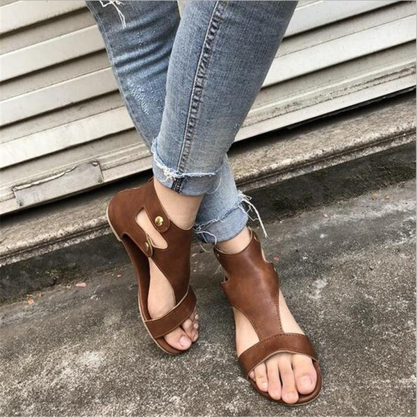 New Women Summer Ankle Strap Flat Sandals Shoes Plain Casual Party Sandal Ladies Roman Beach Sandals CPA1114