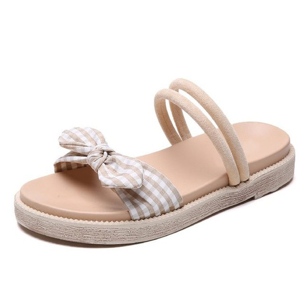 2019 Summer new trend women's flat sandals PU upper stretch fabric lady's flip flops Ins fashion beach shoes bowtie decoration TY-90