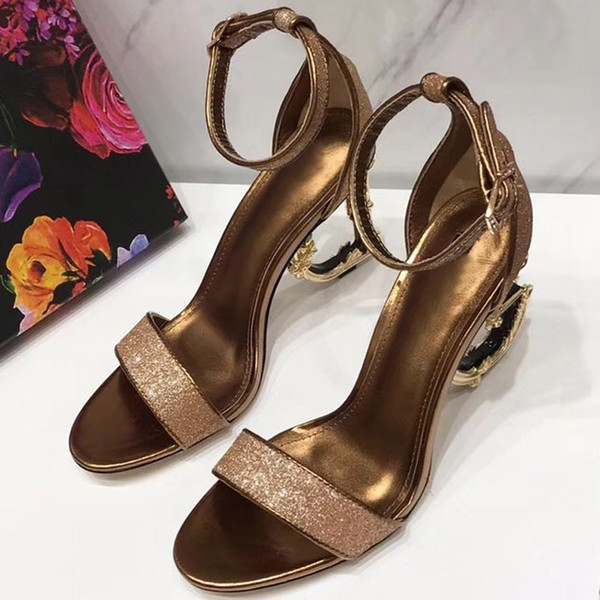 The new European luxury style classic slipper Metallic high-heeled sandals lady shoes Paris supermodel catwalk buckle size40 41 42