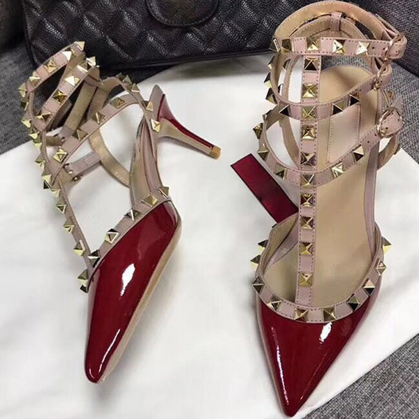 Designer women high heels party fashion rivets girls sexy pointed shoes Dance shoes wedding shoes Double straps sandals