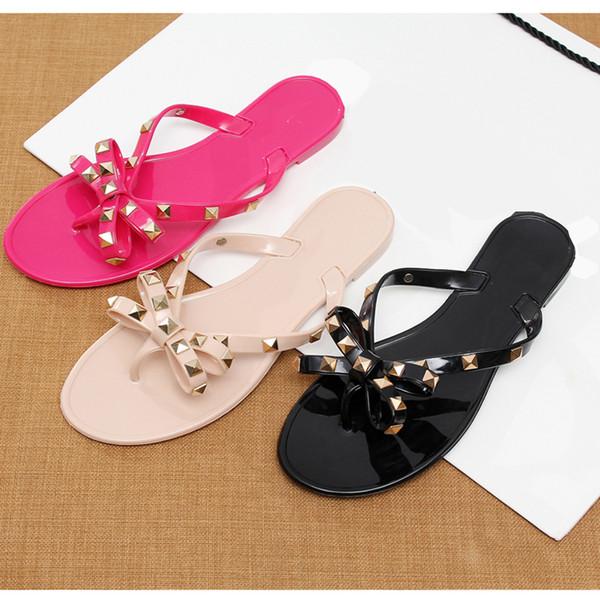 fashion women sandals flat jelly shoes bow V flip flops stud beach shoes summer rivets slippers Thong sandals nude