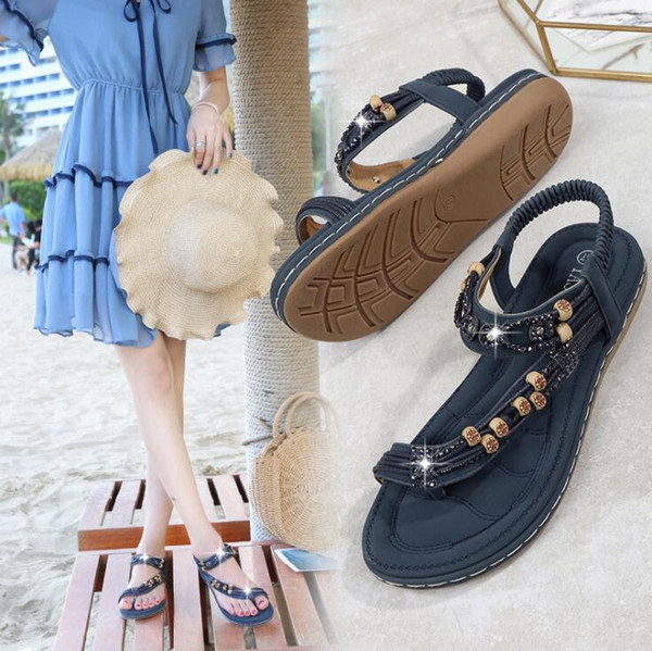 Ladies fashion casual shoes Summer Sandals Slipper Beach shoes Black/Beige/Dark blue Women shoes Work/home Flat Heel Beef tendon sole A820-3