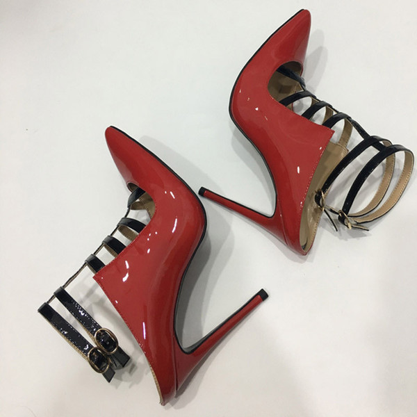 Wholesale Retail Red Black Patent Leather Bridesmaid Shoes for Party Pointed Toe Wedding High Heels Sexy Annulus Stiletto Heels Sandals