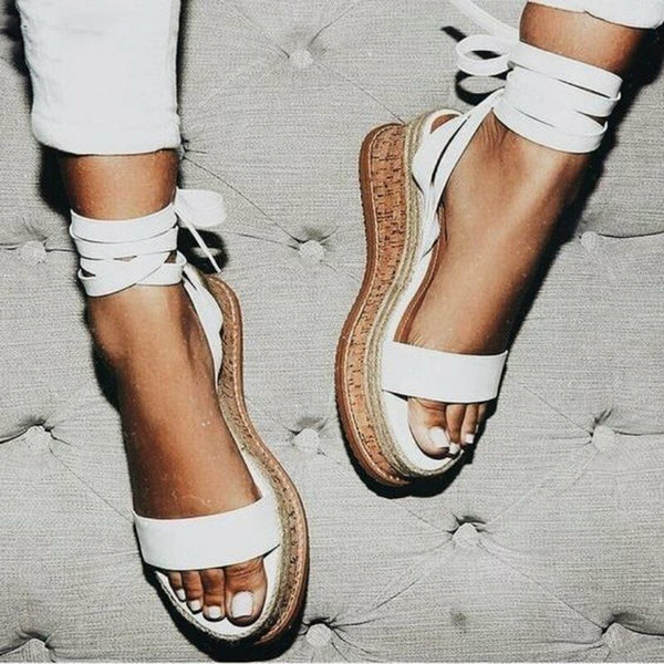 Summer White Wedge Espadrilles Women Sandals Open Toe Gladiator Sandals Women Casual Lace Up Women Platform Sandals