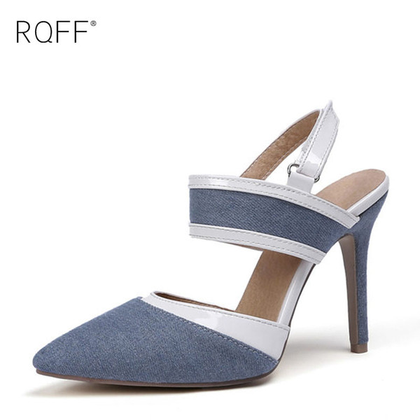 RQFF New Arrivals Women's Sandals Plus Size High Heels Sexy Pointed Toes Denim Material Buckle Strap Handmade Ladies Shoes