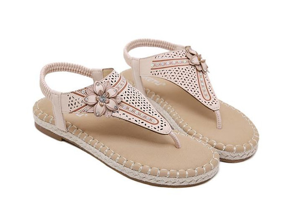 Summer new 2019 Korean version Women's sandals openwork flowers hemp rope comfortable thick bottom large size flat shoes