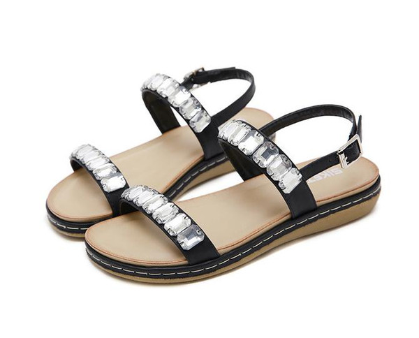 New style 2019 European and American sandals cross-border water drill glass comfortable large-size buckled flat-soled SANDALS BEACH SHOES