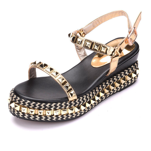 Large Size Quality Women's Platform Sandals Summer Shoes Wedges 2017 Rhinestone Golden Sandals Women Med Heels