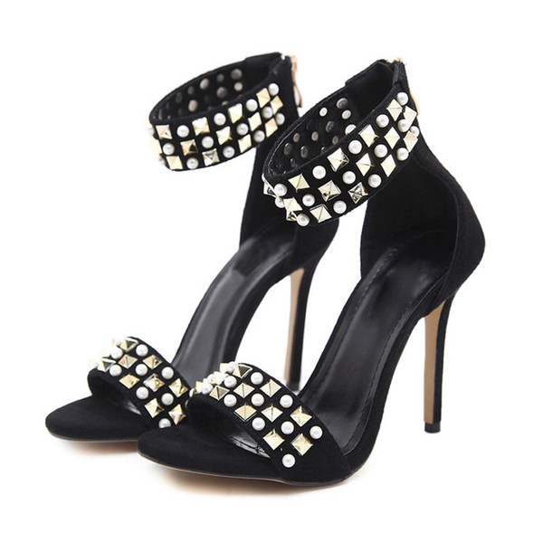 Women's sandals with rivets Summer shoes women high-heeled shoes beach gladiators sandals with pearl high heel . LX-106