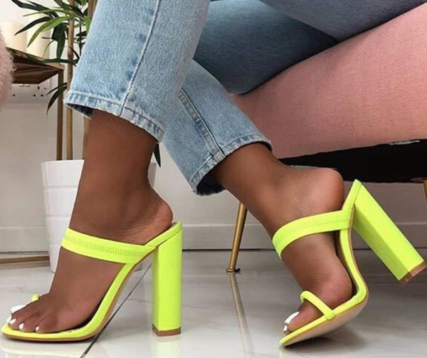 New 2019 summer sandals flip-flops sandals with thin high heels slippers with a buckle women's naughty slippers green shoes . LX-099